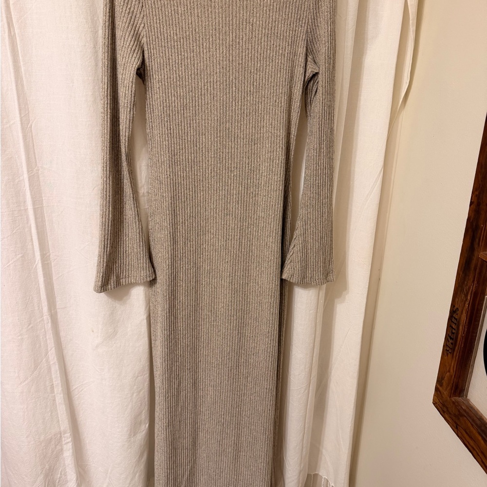 Ribbed Long Sleeve Maxi Dress - Neutral Taupe